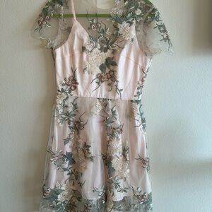 Chi Chi London Floral Embroidered Dress in Pink and Green